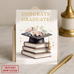 Carte de remise des diplômes en téléchargement numérique, diplôme imprimable pour cadeau pour diplômés, mortier avec fleurs pastel et illustration de livres
