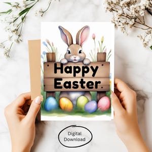 Biglietto di Pasqua - Coniglietto carino e uova colorate, download digitale PDF 5x7, biglietto di auguri vuoto all'interno per le celebrazioni primaverili