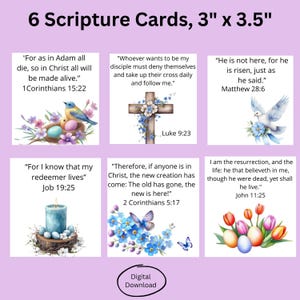 Download digitale di carte illustrate per la Pasqua, set di 6 carte ispiratrici 3x3,5 per regali basati sulla fede,