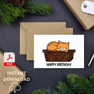 Gepersonaliseerde kat in een mand verjaardagskaart, 4 x 6 inch, leuke verjaardag, kat en mand, wenskaart, verjaardagskaart, digitale download