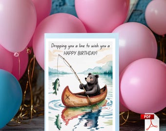 Watercolor Bear Fishing Birthday Card, Mountain Lake Scene (PDF)