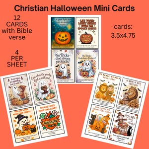 Puede incluir: Una colección de mini tarjetas cristianas de Halloween con versículos bíblicos. Las tarjetas presentan imágenes de calabazas, fantasmas y otras ilustraciones temáticas de Halloween. Cada tarjeta mide 8,89 x 12,07 cm. El texto incluye frases como "¡Sin trucos, Dios siempre protege!"