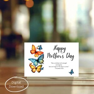 Carte numérique de fête des mères sur le thème des papillons | Célébrez sa force avec Proverbes 31:25 | Cadeau inspirant pour une maman chérie
