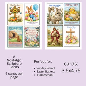May include: Set of eight nostalgic scripture cards, 3.5 x 4.75 inches, featuring Easter and religious themes. Each card displays colorful illustrations of bunnies, lambs, and Jesus, with inspirational quotes. Ideal for Sunday school, Easter baskets, and homeschooling.