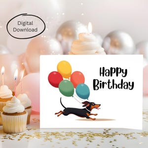 Bunte Luftballons Geburtstagskarte, lustiges Dackel-Design, perfekt für das Feiern eines besonderen Menschen, innen leer, digitaler Download
