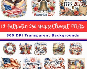 America 250 Watercolor Clipart Bundle | Patriotic PNG Set | 300 DPI