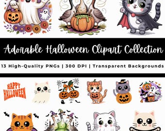 Clipart Kawaii di Halloween / Gatti carini, fantasmi, zucche (download digitale)