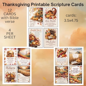 May include: Thanksgiving printable scripture cards with Bible verses. The cards are 3.5 x 4.75 inches and feature images of pumpkins, cornucopias, and fall landscapes. The cards include text such as "Give Thanks" and "Bless the Lord."
