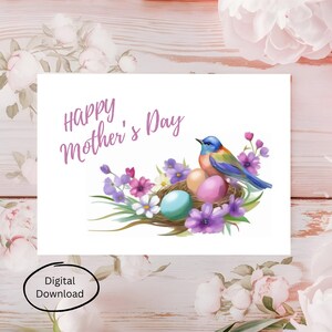 Carte numérique pour la fête des Mères - Charmant nid d'oiseau aquarelle, oeufs colorés et fleurs - Cadeau parfait pour maman