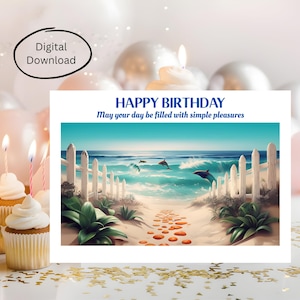 Carte numérique joyeux anniversaire 7 x 5 impression paysage marin avec dauphins océan turquoise plaisirs simples cadeau de voeux