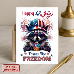 Carte patriotique du 4 juillet raton laveur PDF, illustration aquarelle avec chapeau drapeau et crème glacée, téléchargement numérique pour cadeau du 4 juillet