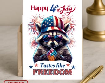 Patriottische wasbeer 4 juli kaart pdf, aquarel illustratie met vlag hoed en ijs, digitale download voor 4 juli cadeau,