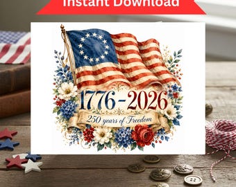 Vaterländische 250 Jahre Karte zum Ausdrucken | 1776-2026 Americana Grußkarte | Vintage Fahne