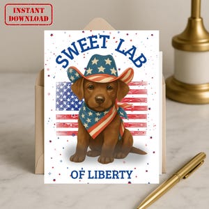 Biglietto d'auguri digitale 5x7 con cucciolo di labrador cioccolato patriottico e motivo a bandiera da cowboy - Regalo di auguri per gli amanti dei cani