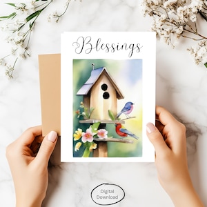 Zegeningskaart van aanmoediging, aquarel vogels op een vogelhuisje, kaart voor alle gelegenheden, digitale download, scène straalt eenvoudige geneugten van de natuur uit