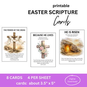 Puede incluir: Tarjetas imprimibles de Escrituras de Pascua con tres diseños: "El poder de la cruz", "Porque Él vive" y "Él ha resucitado". Cada tarjeta mide aproximadamente 8,9 cm x 12,7 cm. Descarga digital.