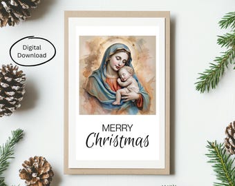 Madonna and Child | Religious Nativity Printable | 5x7 Christian Holiday Greeting Card | Christmas Art