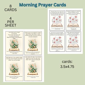 May include: Morning Prayer Cards with floral illustrations and inspirational quotes. The cards are 3.5 x 4.75 inches and feature text like "The joy of the Lord is your strength." The set includes 8 cards, 4 per sheet.