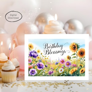 Carte PDF de bénédictions d'anniversaire, téléchargement numérique, aquarelle de fleurs sauvages vibrantes pour les anniversaires d'été, cadeau imprimable bien pensé