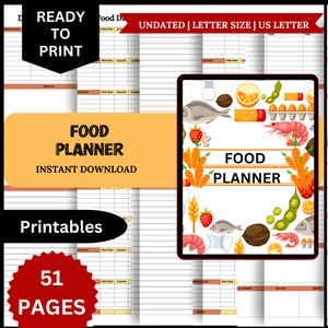Planer żywieniowy z listą zakupów do wydrukowania, 7-dniowy plan menu, Planer żywieniowy, Zdrowie i fitness, A4/A5/Letter/Half