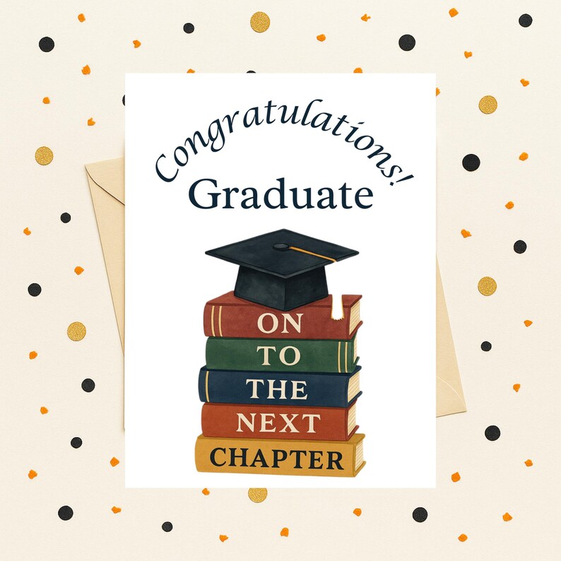 Graduation Card Printable, Stacked Books & Mortarboard (PDF), 