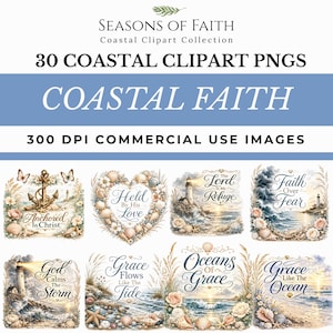 Coastal Faith Clipart Bundle | 30 Watercolor Beach Scripture Quotes (Digital Download)