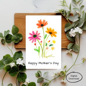 Digitale Mutter-Tageskarte 15x18 Minimalistische Daisy Blumen Crayon Art Blumengruß für Mama einfaches illustriertes Design