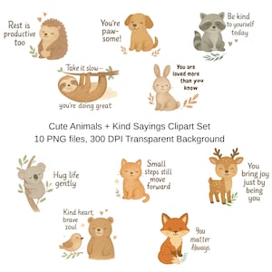 Clipart animaux adorables avec affirmations aimables, PNG haute résolution pour invitations, cartes et cadeaux, animaux mignons à imprimer