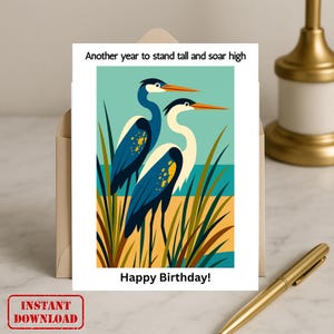 Tarjeta de cumpleaños imprimible de 5x7, ilustración minimalista de garza, tarjeta de felicitación de feliz cumpleaños de pantano y mar, Ponte de pie, vuela alto