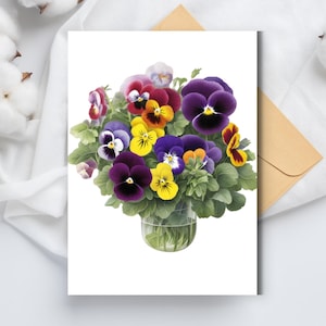 Cartão de arte Pansy Viola - Cartão de felicitações em branco com flor roxa contemporânea, decoração simples com pintura floral em aquarela