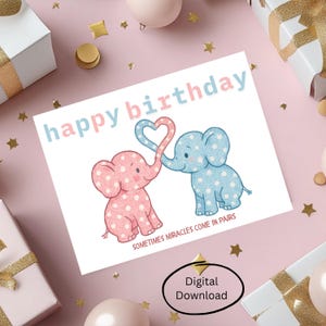 Carte d'anniversaire Twin Elephants pour jumeaux | Design fantaisiste rose et bleu à thème | Carte de célébration réconfortante