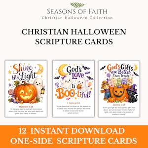 May include: A set of three Christian Halloween scripture cards featuring illustrations of ghosts, pumpkins, and cats. The text includes Shine His Light, God's Love Is BOO-tiful, and God's Gifts are Better Than Treats, along with Bible verses.