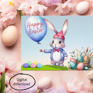 Carte de Pâques - lapin mignon lunatique avec ballon de Joyeuses Pâques pour la célébration du printemps et salutations en téléchargement numérique