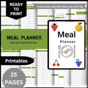 Planer posiłków z listą zakupów do wydrukowania, plan menu, planer żywności, zdrowie i fitness, A4/A5/Letter/Half
