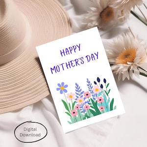 Digitale Happy Mother's Day-kaart, minimalistisch ontwerp met wilde bloemen om moeder te vieren, ideaal digitaal cadeau voor Moederdag