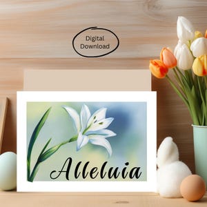Carte de Pâques, design simple avec lys blancs et texte alléluia, parfaite pour envoyer des voeux de Pâques, cadeau religieux attentionné pour les proches