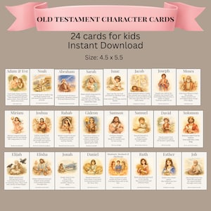 Könnte beinhalten: Ein Satz von 24 Alttestament-Charakterkarten für Kinder. Jede Karte zeigt eine Aquarellillustration einer biblischen Figur mit ihrem Namen und einer kurzen Beschreibung. Die Karten sind 11,4 x 14 cm groß.