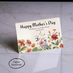 Carte à télécharger pour la fête des mères, art floral botanique élégant avec proverbes 31:28, parfait pour le cadeau spécial d'une maman