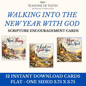 May include: A set of 12 instant download scripture encouragement cards measuring 3.75 x 3.75 inches. The cards feature landscape illustrations of lanterns, paths, and nature scenes with text including A New Thing, The Lord Will Guide You, and Hope for the Year Ahead.