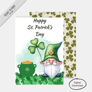 Carte de la Saint-Patrick heureux | Carte de voeux irlandaise à téléchargement immédiat | Gnome avec motif trèfle pour le 17 mars