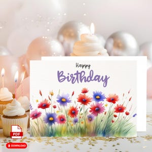Une carte de joyeux anniversaire présente une collection magnifiquement illustrée de fleurs sauvages aquarelles l téléchargement numérique l carte d'anniversaire imprimable
