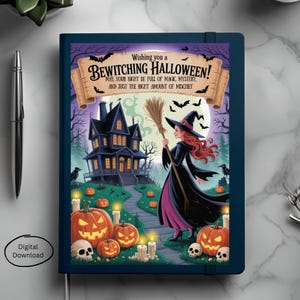 Carte d'Halloween envoûtante PDF numérique, voeux fantasmagorique fantasmagorique de manoir hanté 5 x 7 pour cadeau d'automne, cadeau d'invitation à une fête d'automne effrayant