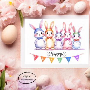 Joyeuses Pâques | Conception de cinq adorables lapins, téléchargement numérique mignon, carte de voeux intérieure vierge de 7 x 5