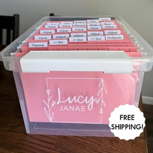 May include: A clear plastic storage bin containing pink hanging file folders with white labels. The front of the bin features a pink insert with the white text "Lucy JANAE" framed by a simple line-drawn floral design. The labels include text such as Pregnancy, 0-1 Year, 2-3 Years, 4-5 Years, Kindergarten, and various grade levels.