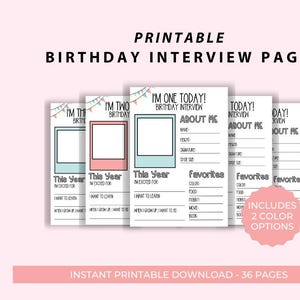 Puede incluir: Páginas de entrevista de cumpleaños imprimibles para niños. Las páginas incluyen un espacio para fotos, preguntas sobre las cosas favoritas del niño y espacio para que escriba sobre lo que le entusiasma para el próximo año. Las páginas están disponibles en dos opciones de color.