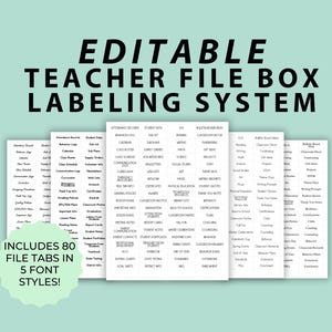 May include: Editable teacher file box labeling system with 80 file tabs in 5 font styles. The image shows several white file tabs with black text labels, such as "Attendance Records" and "Student Data", against a light teal background.