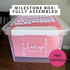 May include: A clear plastic milestone box with pink file folders labeled for different stages, including "Pregnancy" and "Kindergarten." The box has a white handle and the text "MILESTONE BOX: FULLY ASSEMBLED" at the top. The front of the box has the name "Lucy Janae" in white.
