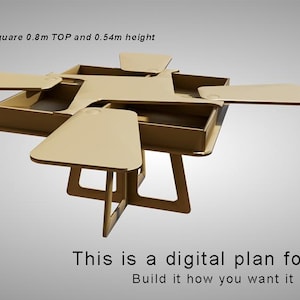 Peut inclure: Plan numérique pour une table découpée à la CNC avec un plateau carré de 0,8 mètre et une hauteur de 0,54 mètre. La table a un design unique avec plusieurs sections pliables, créant un meuble multifonctionnel.