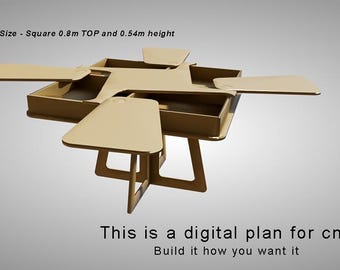 May include: A digital plan for a CNC-cut table with a square top measuring 0.8 meters and a height of 0.54 meters. The table has a unique design with multiple foldable sections, creating a multi-functional piece of furniture.