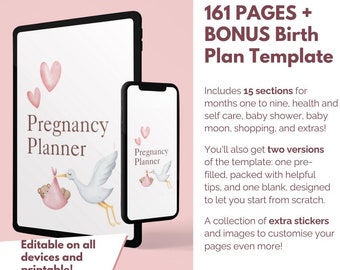 May include: A digital planner for pregnancy with 161 pages and a bonus birth plan template. The cover features a watercolor illustration of a stork carrying a baby in a pink blanket. The text "Pregnancy Planner" is displayed in a pink and white font. The planner is available in two versions: one pre-filled with helpful tips and one blank.